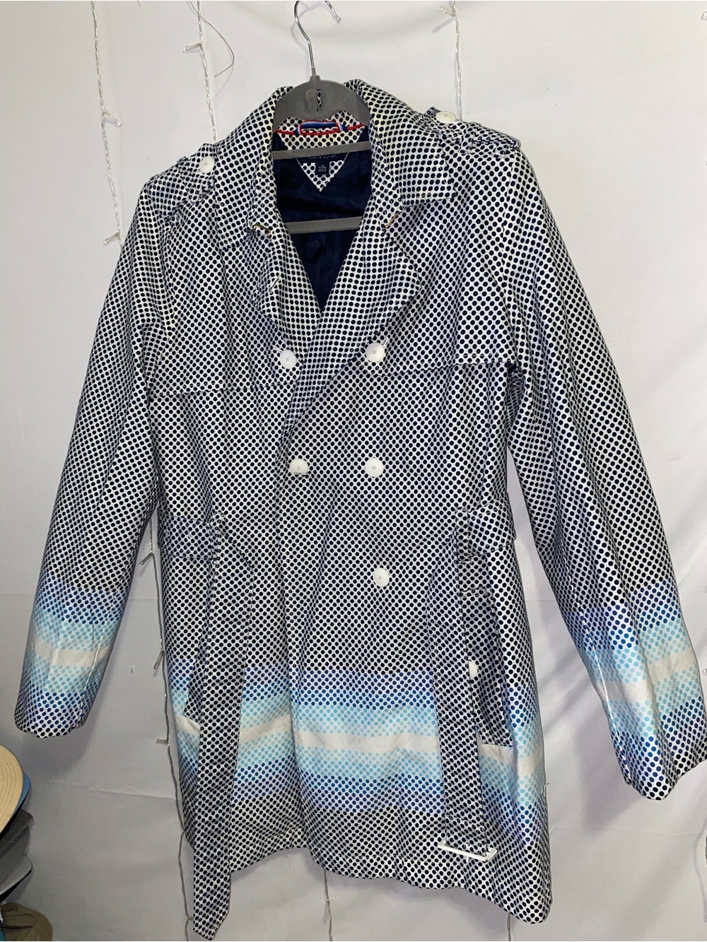 Tommy Hilfiger Navy and White Polka Dot Trench Coat with Light Blue Accent